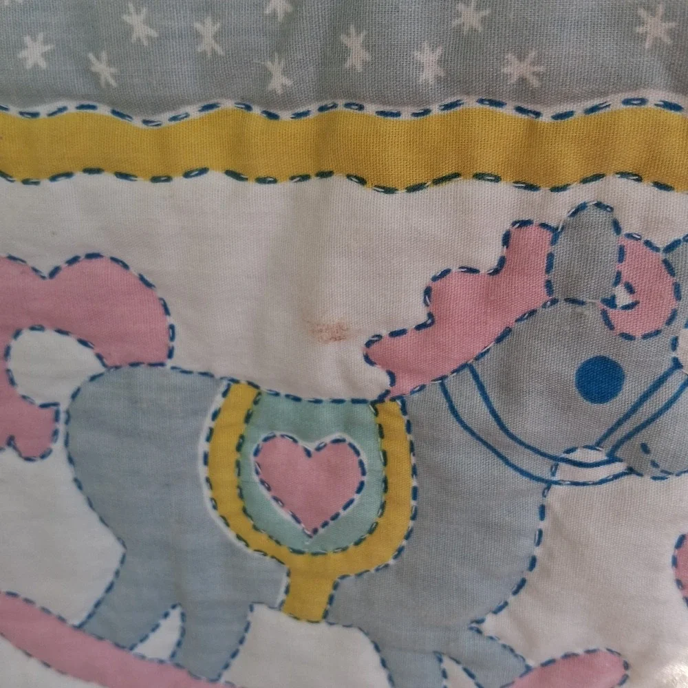 Vintage 90s Baby Quilt Blanket Pastel Hearts Bunnies Sheep Rocking Horse VGVC